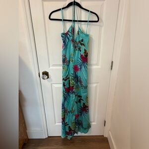 Turquoise patterned floral silk maxi dress